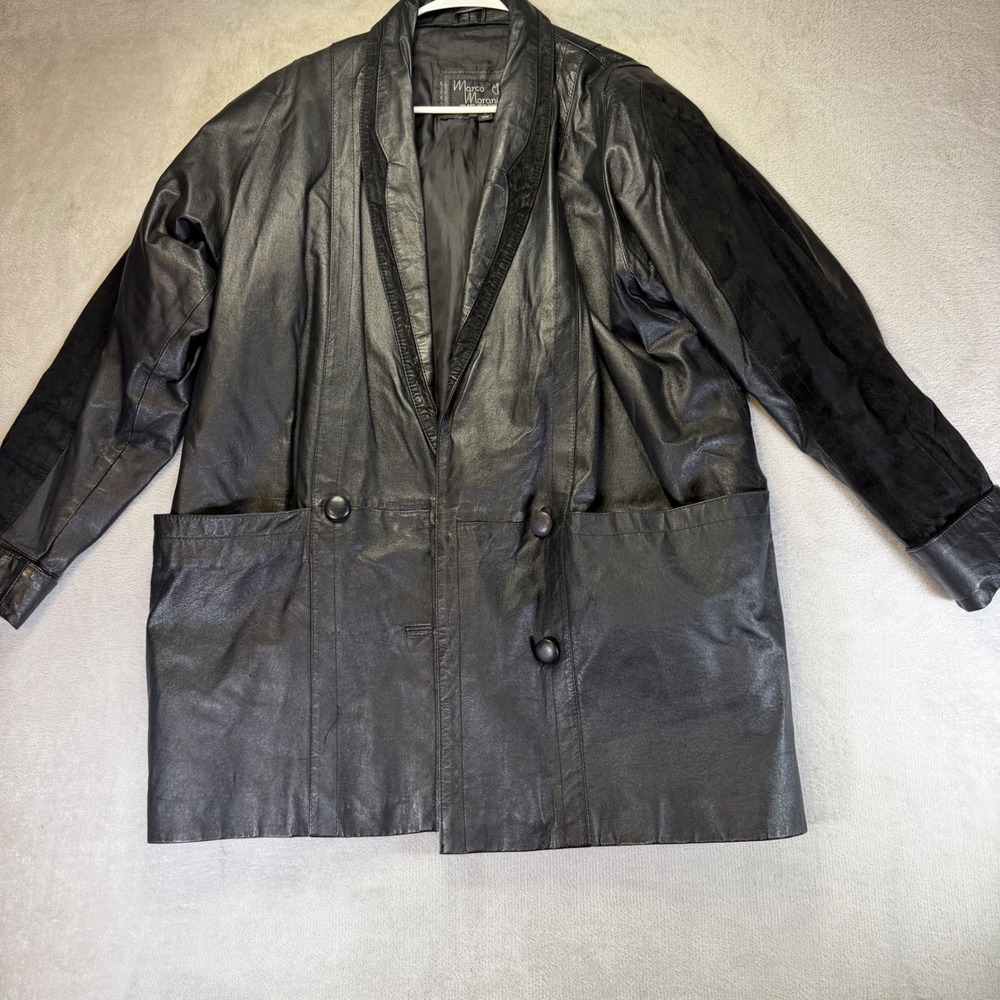 Marco Morani Vintage Black Leather Suede‎ Mixed Media Car Coat Jacket Large